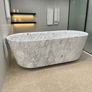 Baignoire de trempage autoportante en marbre blanc veiné <span class=keywords><strong>naturel</strong></span> moderne et luxueux accessoire de salle de bain en pierre solide avec égouttoir pour villas - Product Image 1