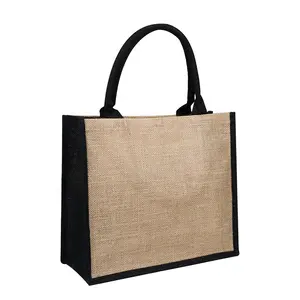 Accept small qty natural brown and black burlap wedding gift jute tote bag with custom printed