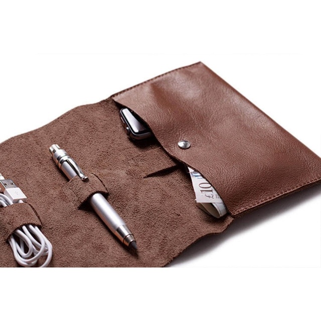 OEM/ODM Electronics Accessories  Leather Travel Roll up Pen Bag Cable Organizer Tech Pouch Bag for Men