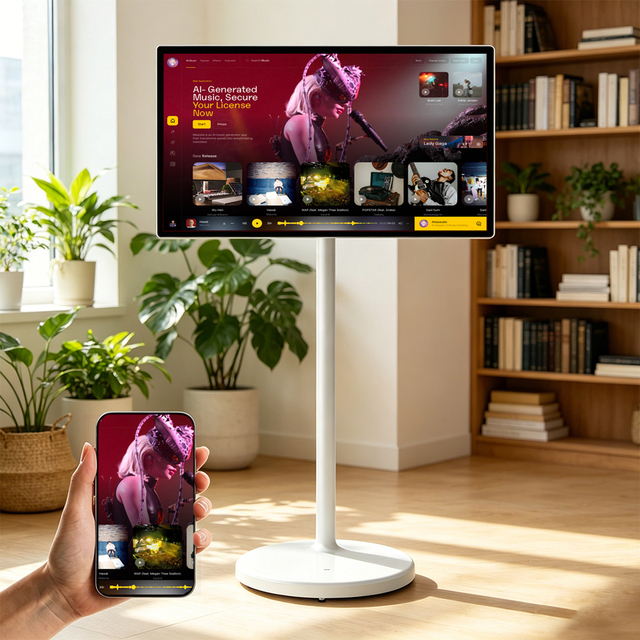 27 Inch Portable Smart TV, Rolling Touch Screen with Stand, Rechargeable Battery, for Kitchen/Bedroom/Yoga, Rechargeable Android