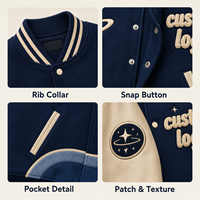 Veste universitaire à étiquette privée pour homme, bleu marine et blanc, patchwork, broderie graphique, streetwear lourd, veste universitaire décontractée