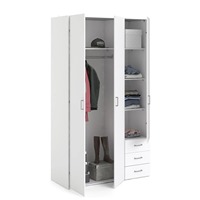 Armoire moderne en MDF blanc à 3 portes avec 3 tiroirs, tringle à vêtements, étagères réglables, fermeture douce, rangement durable pour chambre à coucher