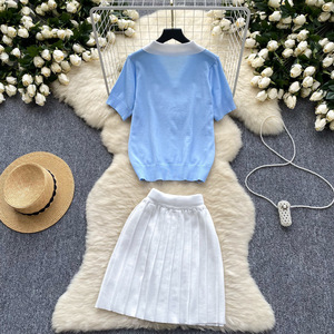 Moda azul claro blanco elegante estampado camisas <span class=keywords><strong>Blusa</strong></span> con <span class=keywords><strong>Falda</strong></span> plisada fluida vestidos mujeres 2 piezas ropa conjunto trajes - Product Image 4