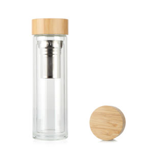 Bouteille d'eau en verre borosilicate à double paroi avec infuseur à thé, couvercle en bambou écologique, vente en gros OEM/ODM - Product Image 1