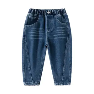 2024 Nieuwe Lente Nieuwe Design Kinderen Jeans Full Length Donkerblauwe Jongens Stretch Taille Broek Kinderkleding