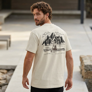 T-shirt en coton pour homme, manches courtes, col rond, décontracté, avec imprimé montagne au dos, coupe classique, tissu jersey respirant - Product Image 2