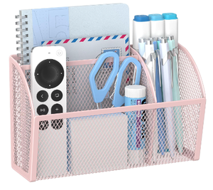 Organisateur de bureau magnétique à 3 compartiments, porte-stylos en maille métallique pour casier, tableau blanc, réfrigérateur, bureau, rose - Product Image 1