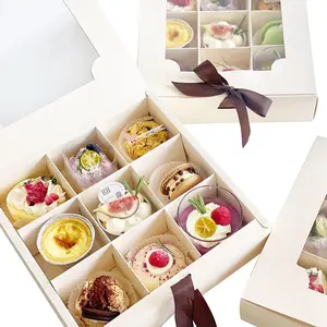 批发6个9格糕点甜松饼纸盒蛋糕甜点饼干面包店承运包装盒，带插页和窗口