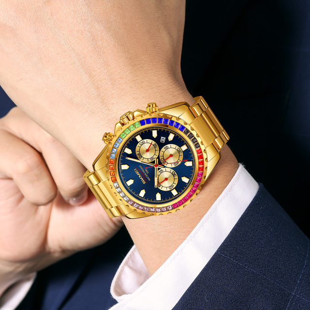 Men's round chronograph watch Luxury stainless steel wristwatch 30M waterproof quartz watch