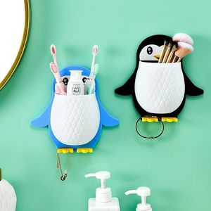 Penguin Storage Rack Wall Mounted Punch Free For <b>Makeup</b> Tools Toothbrush <b>Holder</b> Phone Stand Blue Pink Black Color - Product Image 4