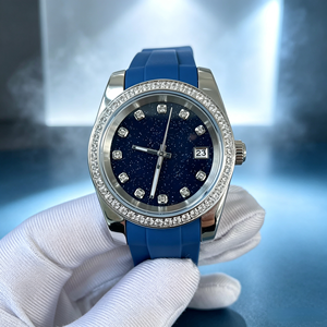 High End Men <b>Mechanical</b> <b>Watch</b> Sparkling Blue Galaxy Dial Crystal Bezel Silicone Band Waterproof Wrist <b>Watch</b> - Product Image 1
