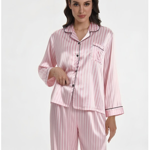 Set di <span class=keywords><strong>pigiama</strong></span> in raso a righe Chic da donna di alta qualità con elastico liscio in vita stile floreale di lusso primavera estate - Product Image 6