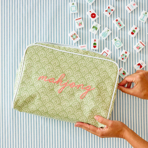 Bolsa de Maquillaje Personalizada con Rayas Rosas, Bolsa de Cosméticos a Rayas para Viaje, Bolsa de Aseo Grande con Estampado, Bolsa Transparente con Diseño de Fichas de Mahjong - Product Image 1