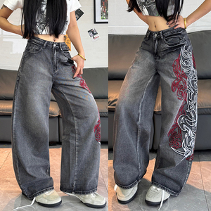 Jeans <span class=keywords><strong>Larghi</strong></span> alla Moda per Ragazze, <span class=keywords><strong>Pantaloni</strong></span> in Denim a Vita Alta, Jeans Ricamati a Gamba Larga per Donne - Product Image 4