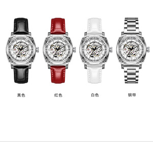 Montre mécanique entièrement automatique, tendance, à la mode, avec fleur sculptée, diamants incrustés, bracelet en cuir véritable, aiguilles lumineuses. - Product Image 5
