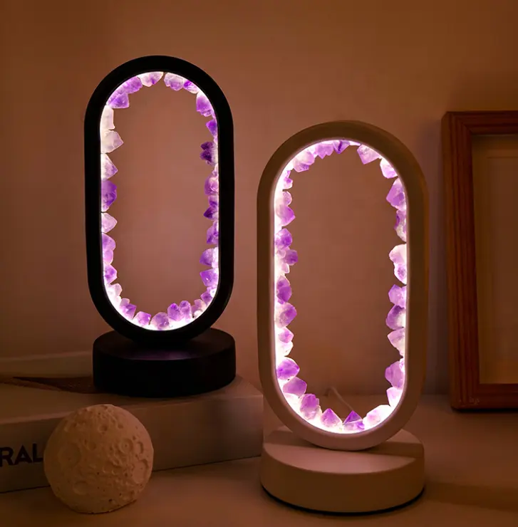 Kluster bunga Amethyst alami lampu malam Oval dekorasi rumah batu kristal penyembuhan meja lampu malam USB