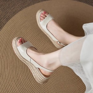 Women's Summer Outdoor One-Strap Sandals Straw Woven Round Peep Toe Platform Thick Sole Elevated 2025 New Style for <b>Dresses</b> - Product Image 4