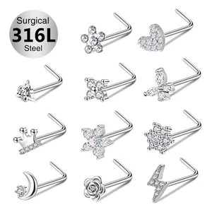 Toposh Flower Butterfly New Design Cubic Zirconia Septum Ring Stud 316L Stainless Steel Dangle Nose Piercing Jewelry Set