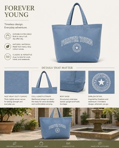 Sac fourre-tout en toile robuste avec poche avant et poche intérieure, grande capacité, sac de shopping réutilisable en coton pour femmes, plage - Product Image 5
