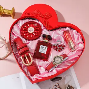 ערכת שעון נשים מארז מתנה שעון יוקרה אדום+בושם+סיכה+שפתון+חגורה סט מתנה מתנה ליום האהבה