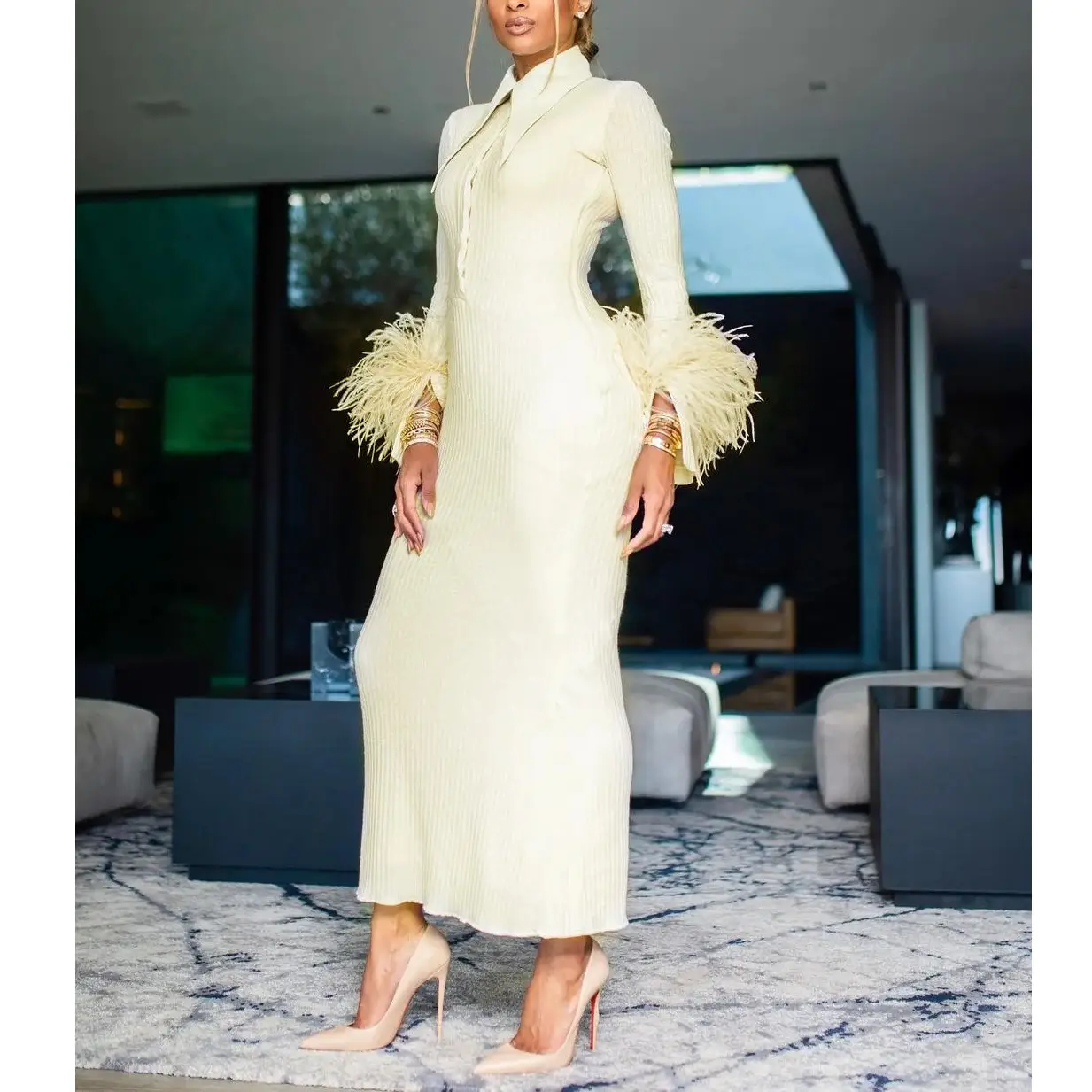 Evening dresses.Fall/Winter 2022 women's fashion long sleeves stand collar feather cuffs bandage dress