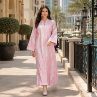 Robe longue ample en polyester à maille, col bateau, manches longues, avec imprimé feuille d'argent et broderie appliquée, style Abaya, idéale pour les banquets de l'Aïd