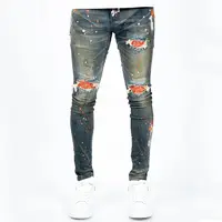 Jeans strappati patchwork da uomo attillati attillati da motociclista attillati slim fit personalizzati vintage