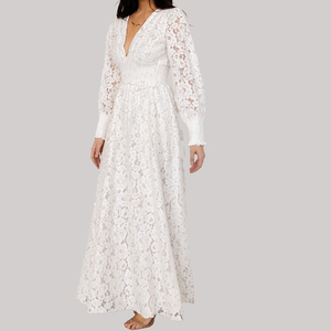 Abito <span class=keywords><strong>bianco</strong></span> abiti formali <span class=keywords><strong>bianco</strong></span> abito da festa eleganti modelli <span class=keywords><strong>con</strong></span> manica lunga scollo a V manica in pizzo <span class=keywords><strong>spacco</strong></span> Chiffon per le donne estate - Product Image 2