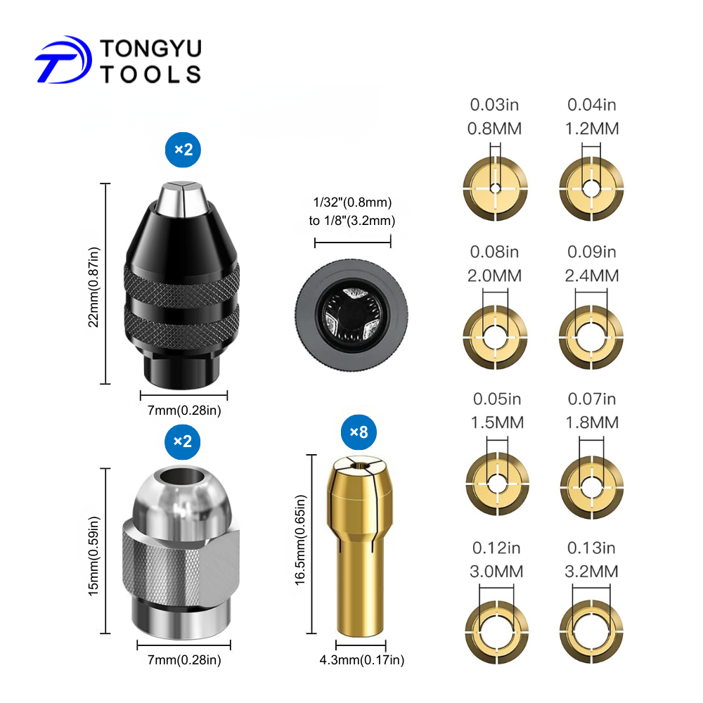 Jeu de 12 pinces de serrage pour mandrin de perçage 0,8-3,2 mm (1/32"-1/8")