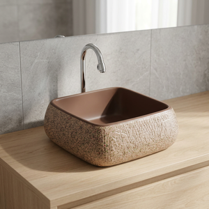 Lavabo de salle de bain moderne en céramique jaune imprimé, petit format, avec finition électroplaquée et motif grain de cuir, idéal pour villas et hôtels - Product Image 4