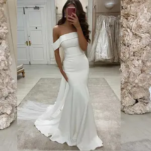 Off The Shoulder Mermaid Satin Bridal Dresses UK Long Ivory Plus Size European Style Simple Bride's Wedding Gowns With Tulle Bow