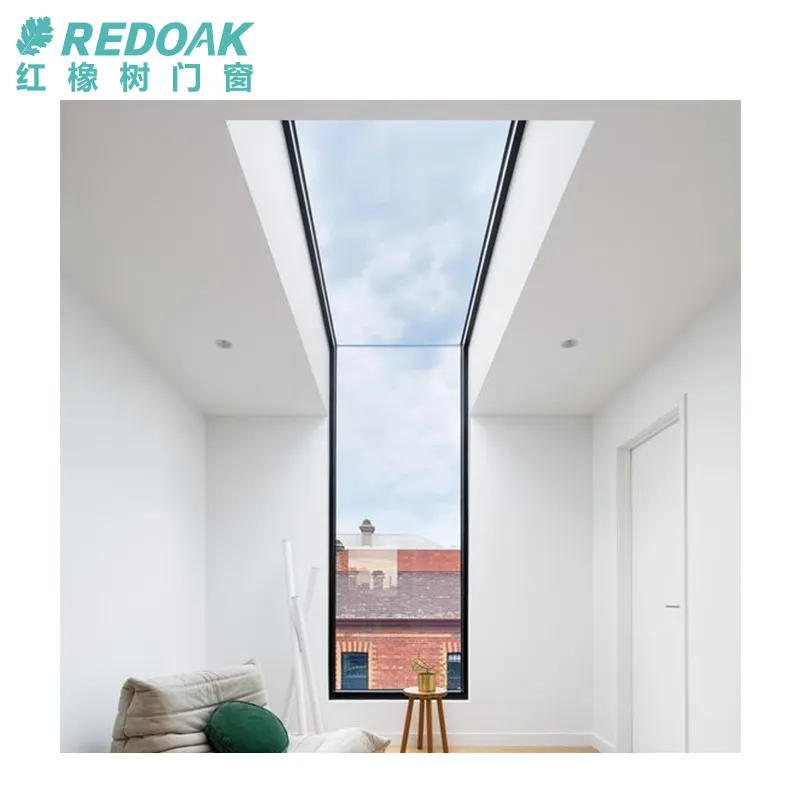 Redoak kaca Tempered ganda aluminium Perancis, desain jendela kaca tetap isolasi suara atap Skylight tetap jendela