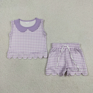 Toddler Girls Lavender <b>Checkered</b> Sleeveless <b>Top</b> with Peter Pan Collar and Scalloped Elastic Waist Shorts Casual Set - Product Image 1