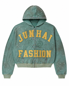 Custom High Quality Acid Washed Vintage Faded Distressed Sweatshirt 500gsm Hoodie <strong>Hooded</strong> <strong>Zip</strong> up Denim Puff Sleeve Jacket Hoodie - Product Image 3