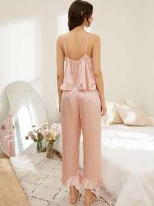 Pigiama da donna con orlo con volant in raso e Set <span class=keywords><strong>di</strong></span> camicie da <span class=keywords><strong>notte</strong></span> e pantaloni lunghi del pigiama da <span class=keywords><strong>notte</strong></span> in <span class=keywords><strong>seta</strong></span> - Product Image 3