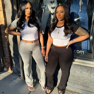 Setelan pakaian musim panas wanita, setelan 2 potong, atasan dan celana Crop blok warna kustom, setelan pakaian kasual untuk wanita - Product Image 2