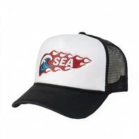 Topi Trucker Berbahan Busa dengan Grafik Gelombang Api, Jaring Hitam, Bernapas, Snap Back, Bordir Surf Moto, Hip Hop, Pantai, Kasual