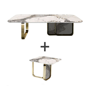 Mesa de Centro Rectangular Gruesa de Madera Contrachapada Curvada Hecha a Mano con Vidrio y Mármol, Patas de Acero Inoxidable con Acabado Dorado Cepillado - Product Image 5