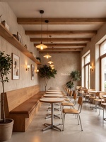 Ensembles table et chaises en bois massif personnalisables, style Wabi-sabi moderne et minimaliste, avec banquettes en bois à assise souple, pour cafés, salons de desserts et salons de thé.