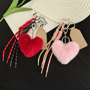 Porte-clés Cœur en Fourrure de Lapin <span class=keywords><strong>Dessin</strong></span> <span class=keywords><strong>Animé</strong></span> Adorable, Corde Tressée, Matériaux Mixtes, Personnalisé, Créatif, Breloque pour Clé de Voiture, Pendentif de Sac, Affaires - Product Image 2