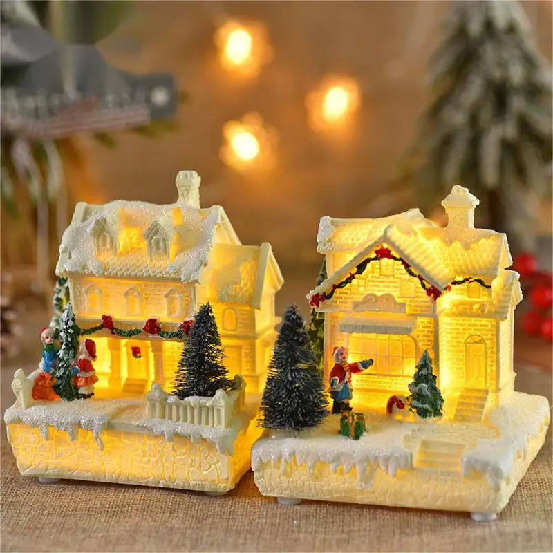 Nouvelles villas d'ornement de Noël Huaqi SDJ0705 micro paysage lumineux maison de Village en résine de Noël pour enfants cadeau