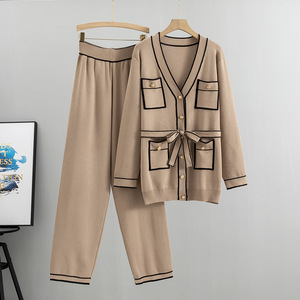 Women's Knitted Sweater <b>Pants</b> Set Autumn Fashion Two Piece Suit With Pockets And Belt Detail - Product Image 1