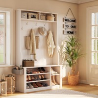 Banc d'arbre de hall 3 en 1 durable en MDF blanc Porte-manteau de rangement de chaussures réglable Organisateur d'entrée anti-basculement
