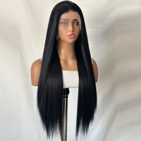 Wig sintetis Premium Futura Fibra HD13*4 Lace Front Free Part 320g Hitam Panjang Lurus Realistis Matte Tahan Panas Grosir