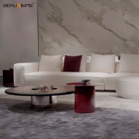 Table d'appoint en travertin minimaliste avec dessus en verre artisanal & base en pierre naturelle, personnalisable pour salon