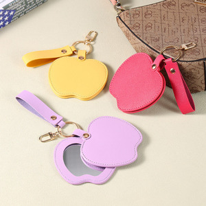 Small Hand Pocket Compact Portable Makeup <b>Mirror</b> Keychain Custom logo PU Leather pink Apple-Shaped <b>Mirrors</b> Keychain Key Rings - Product Image 1