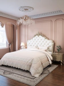 European Style King <b>Size</b> Upholstered <b>Bed</b> With Tufted Headboard Soft Fabric <b>Frame</b> Wooden Base - Product Image 1
