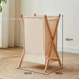 Wooden Folding Canvas Laundry <b>Basket</b> Rectangle Standing Type <b>Foldable</b> Clothes Organizer For Bathroom Bedroom Home Storage - Product Image 4