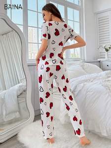Nuevo Conjunto de Pijama para Mujer, Estampado de Corazones, Manga Corta y Pantalones Largos, Ropa de Dormir - Product Image 2