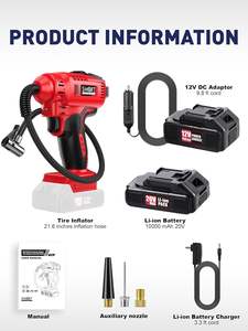 スマートジェリー デュアルパワー 20V/12V コードレスカータイヤインフレータ オートストップ 150 PSI エアコンプレッサー 緊急ツールキット ABS レッド - Product Image 2